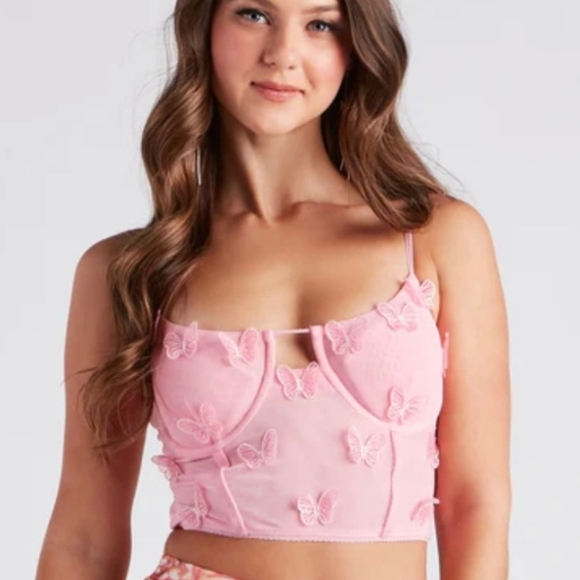 Windsor Tops - NWT Windsor Pink Butterfly Mesh Crop Top, Size Large